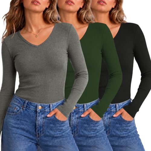 LOMON 3 Pack Women's Long Sleeve V Neck Tops Ribbe