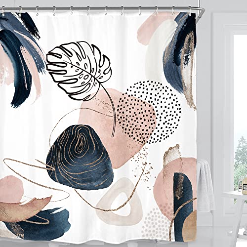 Miyotaa Abstract Mid Century Pink Shower Curtain Set 60Wx71H Inches Blush Blue Geometric Leaves Plant Circle Minimalist Modern Art Polyester Waterproof Cloth Bathroom Curtain with 12 Hooks