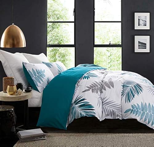 Image of Duvet Cover Set, 600 Thread Count Cotton White Leaf Floral Pattern Print Reversible Comforter Cover Set (King, Peacock Blue-Leaf)