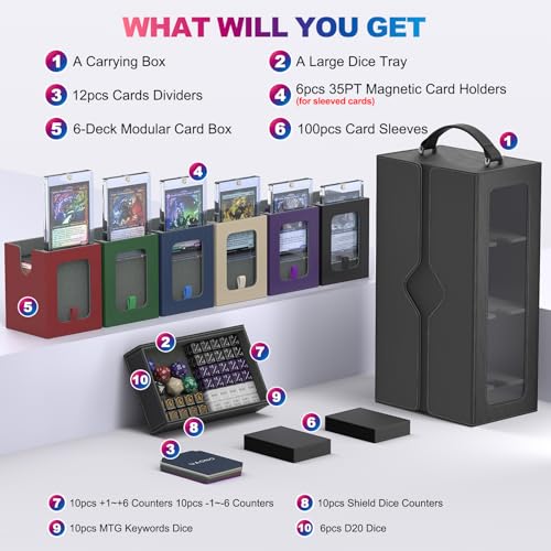Image of UAONO MTG Deck Box, 6-Deck Modular Commander Deck Box with Extra Dice Set | Hold 600+ Double-sleeved Cards, Modular Deck Box with 35PT Magnetic Card Holder for Magic the Gathering Multicolor Limited