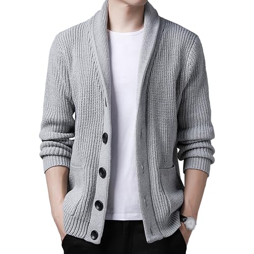 Mens Shawl Collar Cardigan Sweater Long Sleeve Button Cable Knit Men Sweaters Loose Fit Casual Ribbed Knit Cardigans (Light Gray,XX-Large)