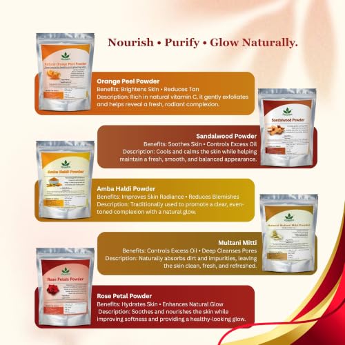 Image of Havintha Natural Face Pack for Healthy and Glowing Skin Combo Pack of Multani Mitti, Sandal Wood, Orange Peel, Rose Petal, Amba Haldi Powder (Each 50gm)