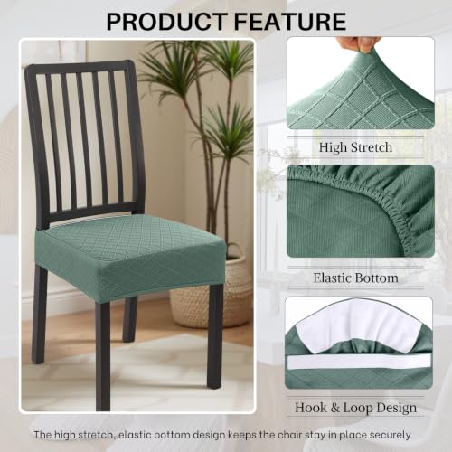 Image of SearchI Waterproof Dining Chair Seat Covers Set of 6, Hook and Loop Tape Stretch Chair Covers for Dining Chairs, Washable Dining Room Seat Cover Protector (Green)