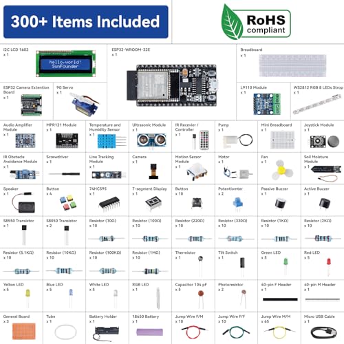 SunFounder ESP32 Ultimate Starter Kit (Compatible with Arduino) ESP32CAM, RoHS Compliant, Python C Scratch, Video Courses, IoT for Beginners Engineers, ESP32-WROOM-32E Board & Battery Included