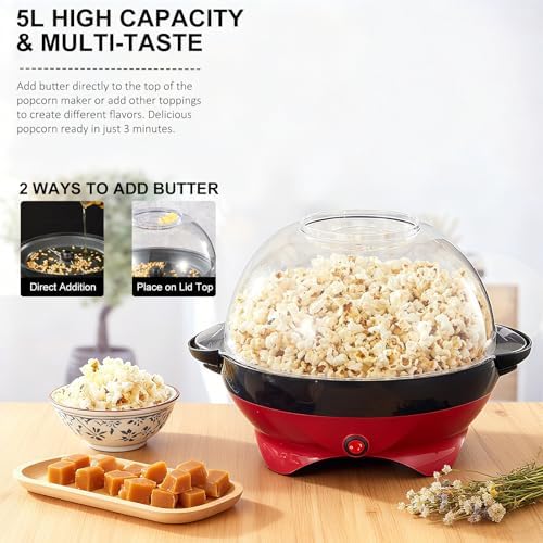 Bild 1 - Cozary Popcornmaschine,5L Popcorn-Maker Groß für Zuhause für Zucker, Öl, Butter, mit Abnehmbarer Heizfläche und Antihaftbeschichtung,Deckel als Servierschale, Leise und Schnelle Popcorn Maschine