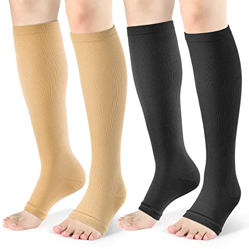Image of Toeless Compression Socks 15-20 mmHg, 2 Pairs open toe Knee High Support | reduce leg fatigue, and keep feet comfortable for travel, pregnancy, nurses, running