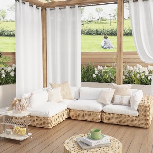 PONY DANCE Cortinas de Exterior Terraza Impermeable,Visillos Blancos Semi Translucidas para Patio/Jardin/Porche con Ojales 2 Piezas,132x243cm,Blanco