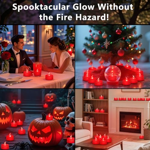 Image of Tea Lights Battery Operated Candles LED Tea Lights Flameless Candles 200+ Hours Flickering Fake Tealights for Sweetest Day Wedding Home Decorations Party (Red Base, 24 Pack)