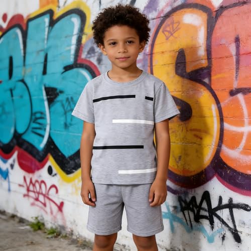 Image of 4-8T Toddler Boys 2-Piece Summer Casual Outfit Striped Print Short Sleeve T-Shirt & Shorts Set