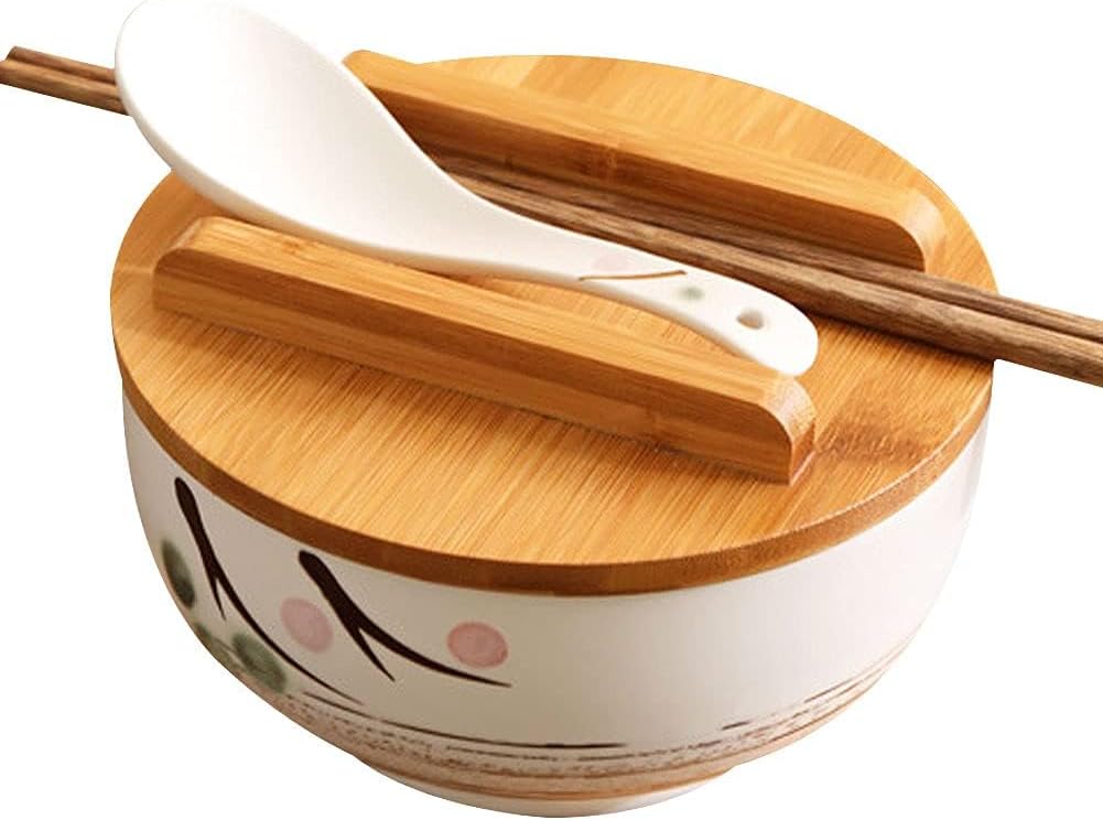 Excefore White Ceramic Bowl with Lid, Spoon, Chopsticks - Japanese Traditional Style Tableware