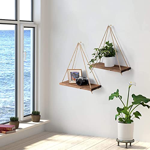 Core Art Hanging Shelves For Wall Boho Window Plant Rope Shelves, Macrame Wall Hanging Shelf Wooden, Brown Rustic Set Of 2 #TOP1