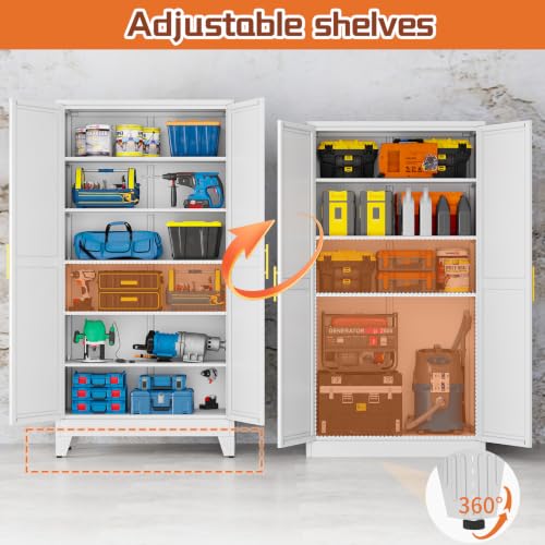 Image of White Metal Storage Cabinet, 79 inch Kitchen Pantry Cabinets for Office | Steel Kitchen Pantry Storage with Doors, 5 Adjustable Shelves, Metal Pantry Cabinet, for Office, Home, School 40 inch W