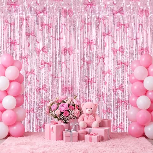 Image of TONIFUL 2Pcs Laser Pink Bow Metallic Tinsel Foil Fringe Curtain Streamers