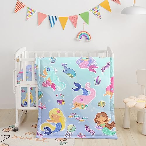 Image of 3pcs Nursery Crib Bedding Set with Comforter, Sheet & Skirt, Watercolor Mermaid Marine Life Printed for Baby Boys and Girls