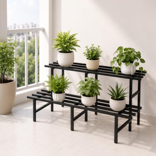 Image of Robustt 2 Tier Metal Plant Stand | Heavy-Duty Plant Rack with Powder-Coated Metal Frame | Stable 6-Leg Design | Supports Up to 300 kg | Convertible Plant Stand for Balcony, Garden & Office