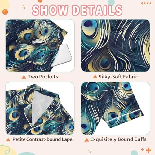 Blue Peacock Feathers Summer Pajamas Set Soft Satin Pjs Sets 2 Piece Short Sleeve Sleepwear Casual Clothes3