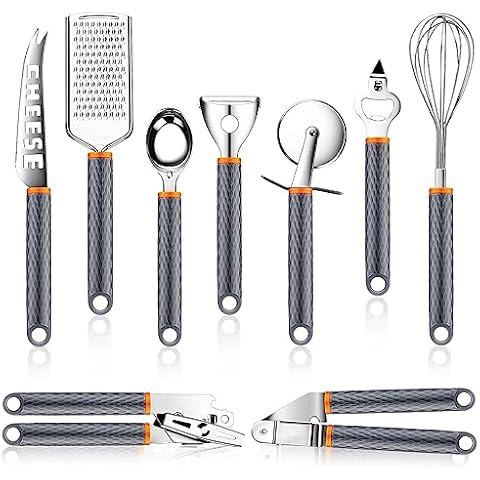 Kitchen Gadget Utensil Set, 9PCS Stainless Steel Cooking & Baking Accessory with Non-Slip Silicone Handle, Set Includes Knife, Peeler, Grater, Whisk, Garlic Press, Pizza Cutter and Bottle Can Opener Cover