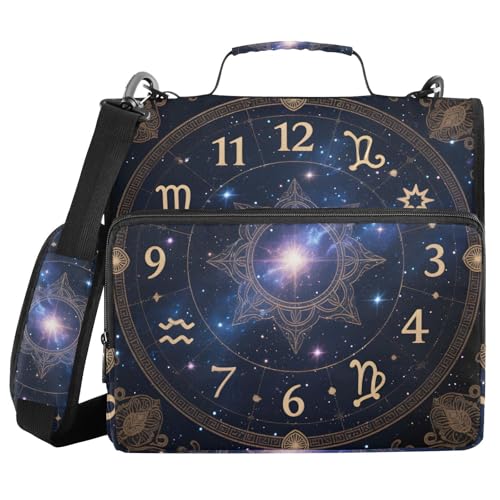 Image of 3 Ring Zipper Binder with Shoulder Strap Astrology Sun Time 1.5 inch Binders Keeper Large Capacity Multi Pockets for School Office Supplies