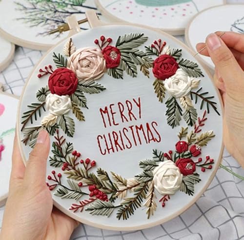 Image of Huacan Embroidery Kits for Adults Beginner DIY Cross Stitch Stamped Christmas Pattern Stitching Wreath Sewing Kit 1 Piece 7.8 x 7.8 Inch