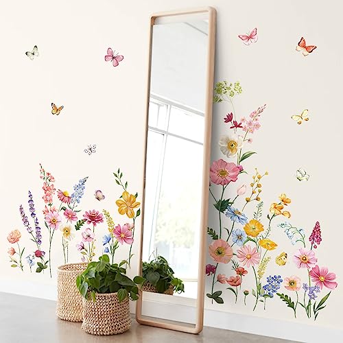 decalmile Summer Garden Flower Wall Decals Daisy Wildflower Grass Butterflies Wall Stickers Bedroom Living Room Home Office Wall Decor - Image 3