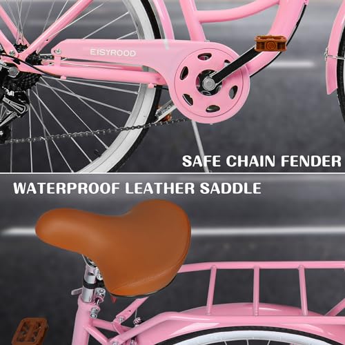 Bicicleta playera para mujeres de 26 pulgadas, 7 velocidades, frenos V, neumáticos antideslizantes y portaequipaje, asiento ajustable, marco ligero, conducción cómoda y suave, color rosa miniatura 4