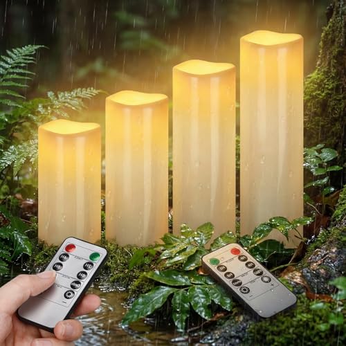 Image of Rossesay 8 inch 10 inch 12 inch 14 inch x 4 inch Large Waterproof Outdoor Flameless Candle, 4 Pcs LED Pillar Candle with Remote and Timer Battery Operated Jumbo Flickering for Halloween Xmas Church (Ivory White, Vivid)
