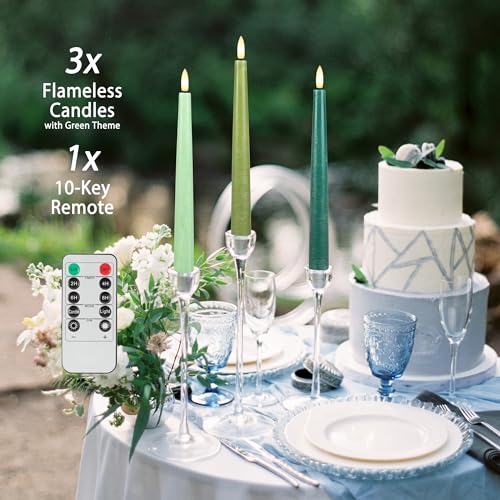 Image of Green Flameless Taper Candles, 9.6 inch Real Wax Battery Operated Candles with Remote, 3 Pack Flickering, Gradient Candlesticks, Fake Candle for Home, Wedding, Party Decor