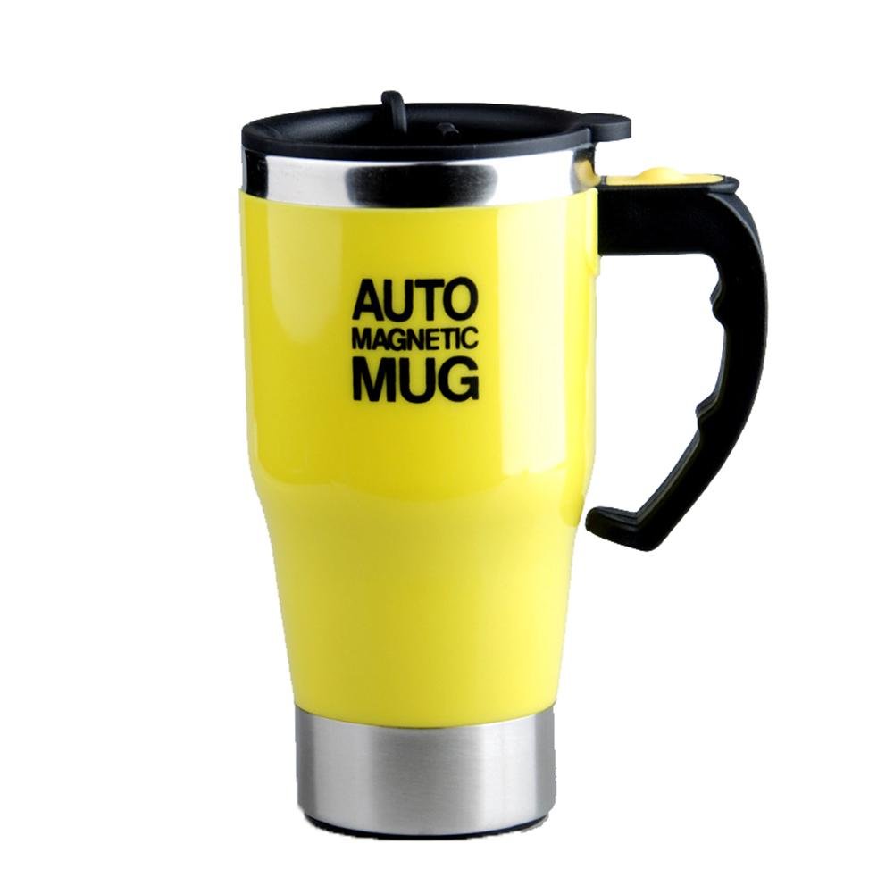Auto Accessories Auto Magnetic Mug - 450ml Double Layer Stainless Steel Self Stirring Magnet Coffee Cup for Travel Office, Yellow, 450ml