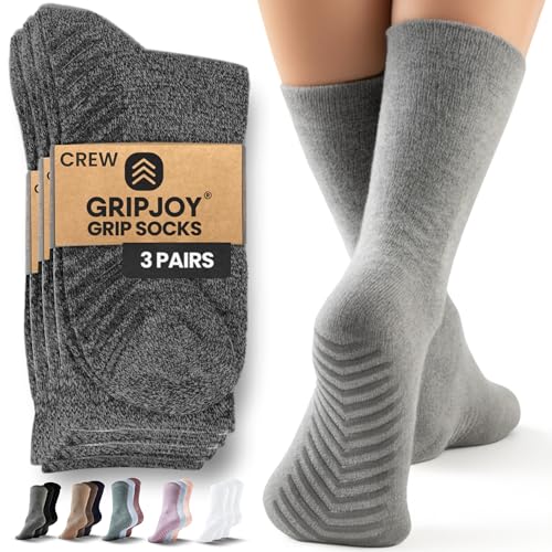 Image of Gripjoy Grip Socks for Women, Grippy, Non Slip, Gripper Socks for Women & Men, Pilates, Yoga, Hospital, 3 Pairs, Crew