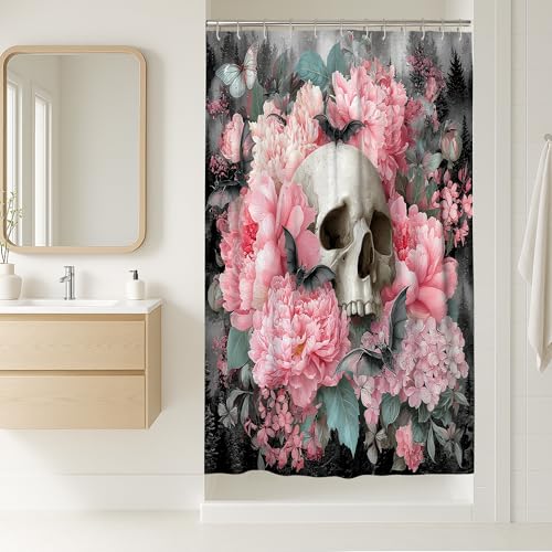 Duschvorhang mit Totenkopf-Motiv, Pfirsich-Pfingstrose & Schmetterling, Badezimmer-Dekor, moderner künstlerischer wasserdichter Stoff-Duschvorhang mit Haken, 91,4 x 183,9 cm