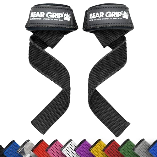 Fasce da Sollevamento Pesi di Alta Qualità BEAR GRIP con Imbottitura in Neoprene Resistente, Doppie Cuciture e Impugnatura in Gel (Nero (Senza Gel))