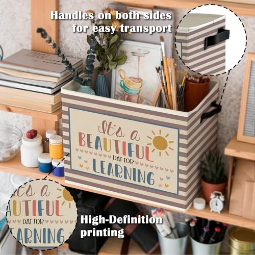 Image of Boho Classroom Storage Bins Box with Handles, It's a Beautiful Day for Learning Neutral Striped Collapsible Basket Organizer for Classroom Kids Room Bedroom Playroom Books Clothes