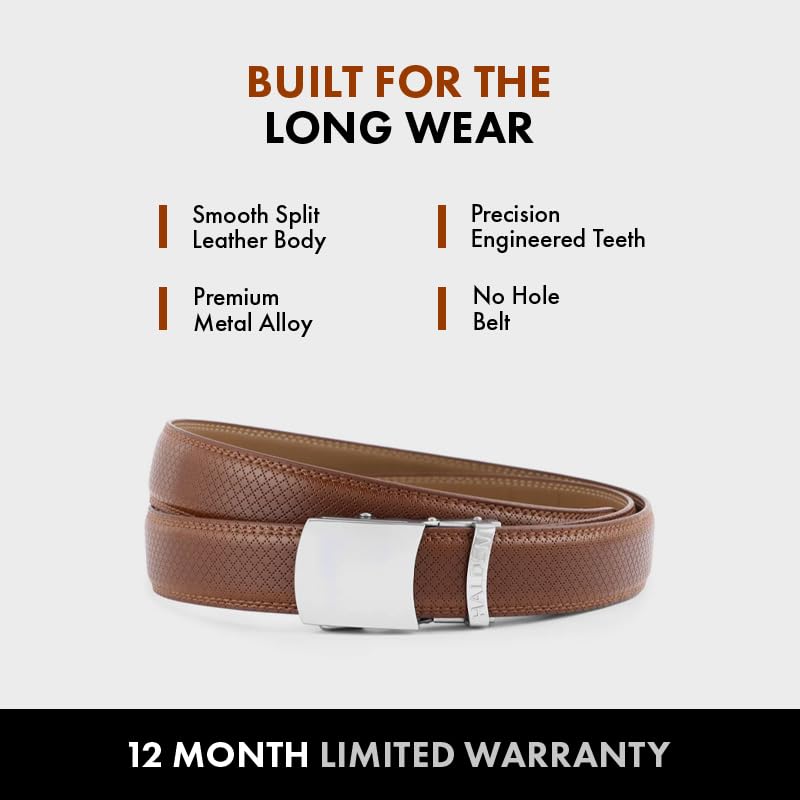 Image of HALDEN THEO Tan Belt For Men Leather Original (Adjustable Fits Up to 44 Inch Waist) Ratchet Strap with Classic Buckle & Magnetic Auto-lock