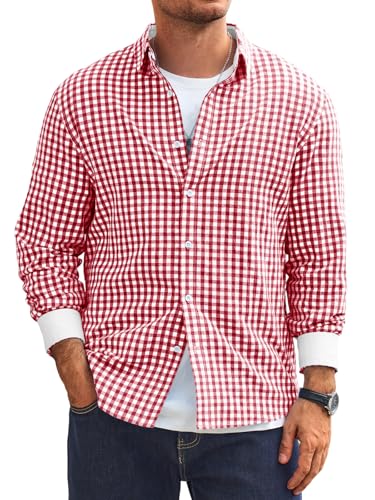 Runcati Chemise à carreaux à manches longues pour homme - Coupe droite - Chemise traditionnelle Oktoberfest - Chemise boutonnée - Infroissable - Décontractée, rouge, 5XL