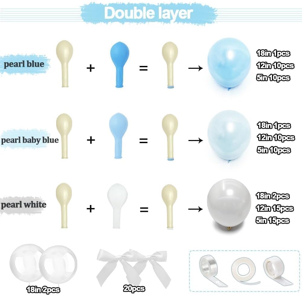 Blue White Balloon Garland Double Stuffed Light Baby Blue Balloons White Bow Bobo Pearl Balloon Arch Kit for Wedding Birthday Baby Shower Winter Princess Party Decorations