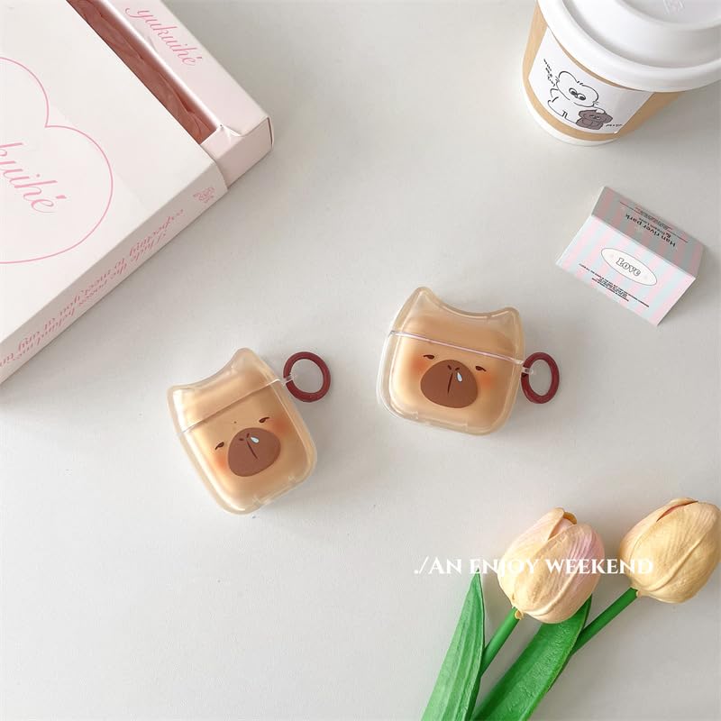 Image of Transparent Clear Earphone Case for AirPods 4, Cute Lovely Cat Face Soft TPU Silicone Case, Kitty Ear AirPods 4 Cover Protective Skin Shockproof Protector for iPod Earbuds -Capybara