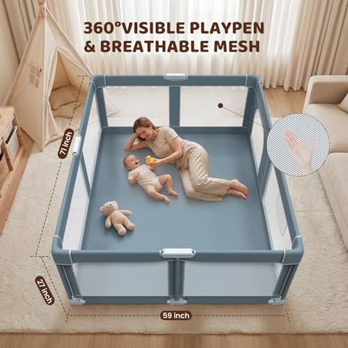 Image of Foldable Baby Playpen - 71 inchx59 inch Collapsible Play Pen for Babies and Toddlers - Indoor Outdoor Foldable Play Yard with 4 Handles - Folding Baby Playpen with Bag Portable Travel Play Yard
