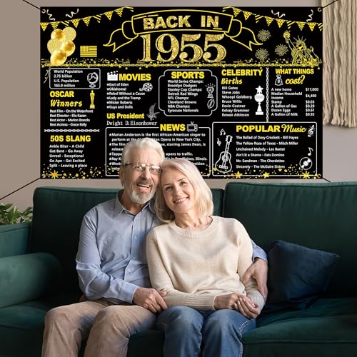 Image of DARUNAXY 71st Birthday Black Gold Party Decoration, Back in 1955 Banner 71 Year Old Birthday Party Poster Supplies Vintage 1955 Backdrop Photography Background for Men & Women 71st Class Reunion Decor