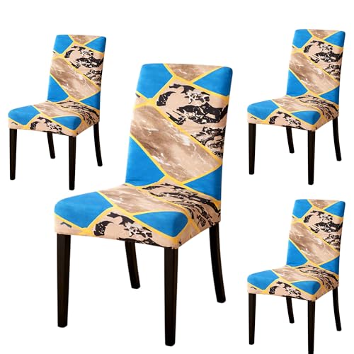 Image of Dining Chair Covers Set of 4, Stretchable Removable Washable Anti-Slip Universal Fit Printed Slipcovers (Pack of 4, Blue Marble)