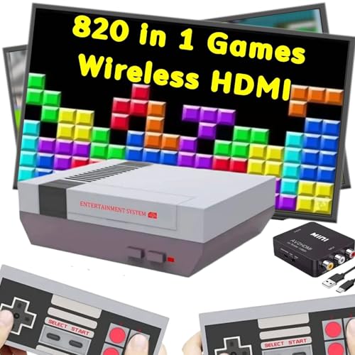 Retro Game Console, Wireless Retro Gaming Console with Built-in 800 Games, AV and HDMI Output, Dual 2.4GHz Wireless Controllers, Plug and Play Video Game System.