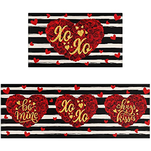 Ideasonna Valentine Kitchen Rugs Sets Of 2 Valentines Day Kitchen Mats Black And White Stripe Heart Washable Non-Slip Kitchen Floor Mats For In Front Of Sink Valentines Kitchen Decor #TOP8