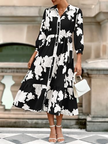 Wenrine Womens Maxi Shirt Dress Casual Floral Collared 3/4 Long Sleeve Drawstring Waist Fall Button Down Dresses2