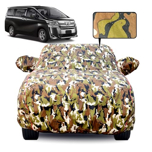 Image of Waterproof Car Body Cover for Toyota Vellfire with Mirror Pocket, Soft Cotton Lining, Triple Stitched, Full Bottom Elastic (Heat Resistant Jungle Print with Red Piping), 1 Unit