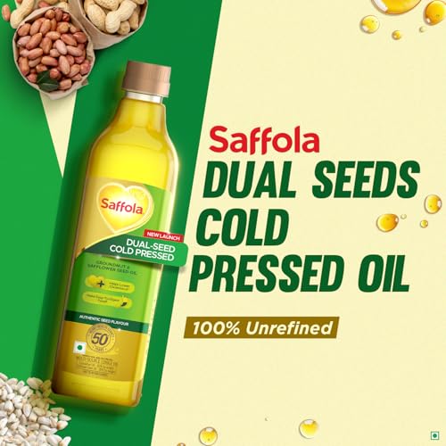 Image of Saffola Cold Pressed Oil, Goodness of 2 - Groundnut & Safflower | Helps Lower Cholesterol, Make Easy-To-Digest Food | 1L Pet Bottle