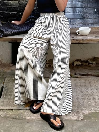 Womens Striped Pants Elastic Waist Palazzo Pants Casual Lounge Wide Leg Trousers3