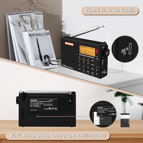 Image of XHDATA R108 Portable Radio AM /FM /SW /LW /Airband Shortwave Receiver Battery Operated Radio with Good Reception, Great Sound Speaker Stereo Alarm Clock External Antenna (Black)