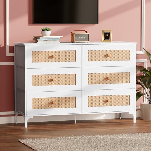 Crestlive Products Rattan Dresser, 6-Drawer Dresser for Bedroom Modern Wide Storage Chest Organizer Unit with Fabric Bins (The color of the product is different, see the picture)