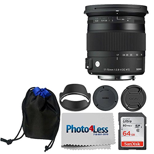 Sigma 17-70mm f/2.8-4 DC マクロ OS HSM レンズ ニコン用 + 64GB メモリーカード + レンズポーチ + Photo4Less クリーニングクロス - デジタル一眼レフベーシックレンズアクセサリーキット