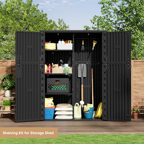 Image of KINYING Outdoor Storage Cabinet Waterproof, 57 Cu.ft Resin Vertical Outdoor Storage Shed for Patio Furniture, Garden Tools, Pool Accessories, Mower Storage (Black)