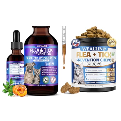 WEALLIN Flea and Tick Prevention Support Drop for Dogs & Cats + 200 Chews for Cats | Pets Oral Natural Supplement Flea and Tick Treatment for All Breeds and Ages